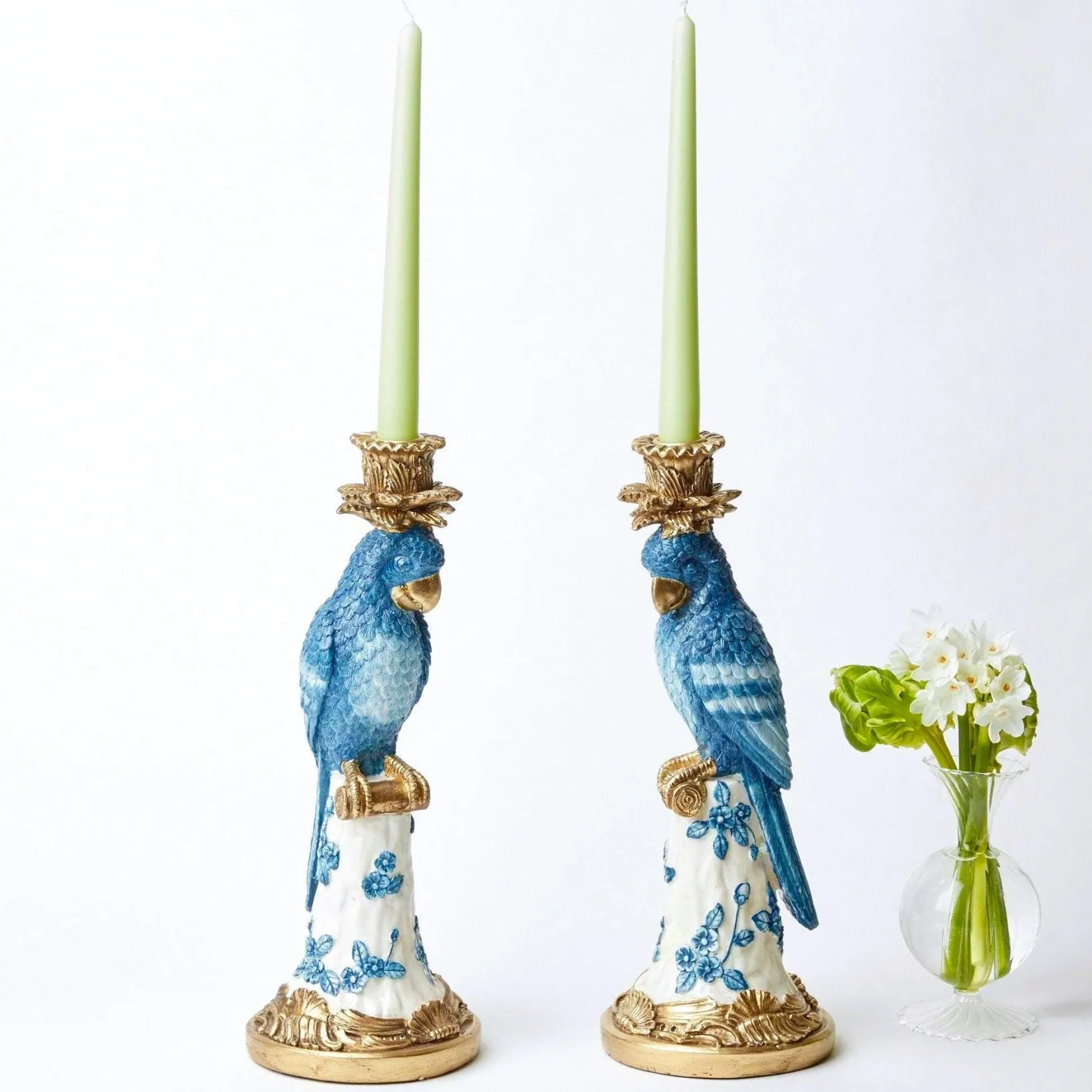 Blue & White Parrot Candle Holder (Pair)
