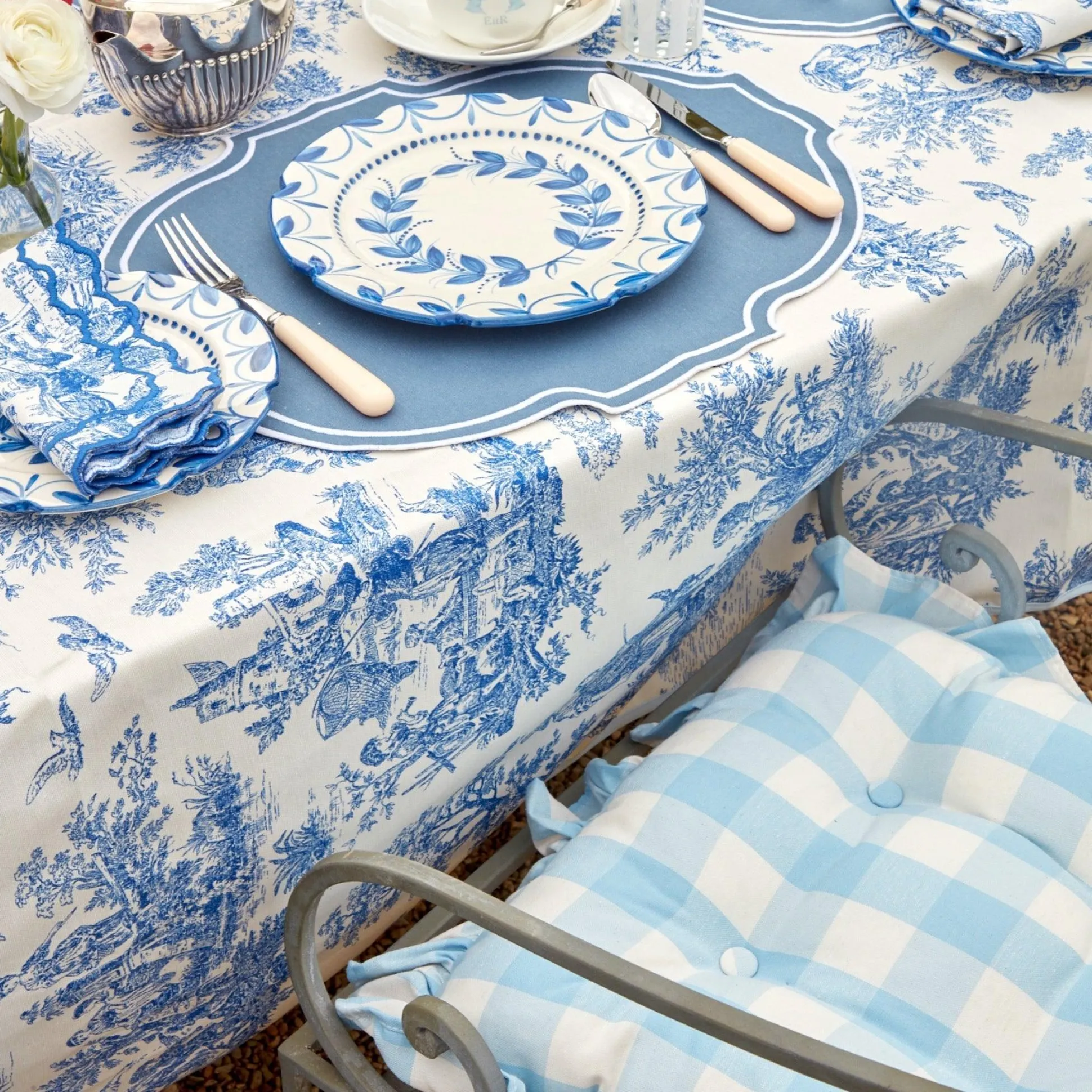 Blue Gingham Ruffle Seat Pad Cushion