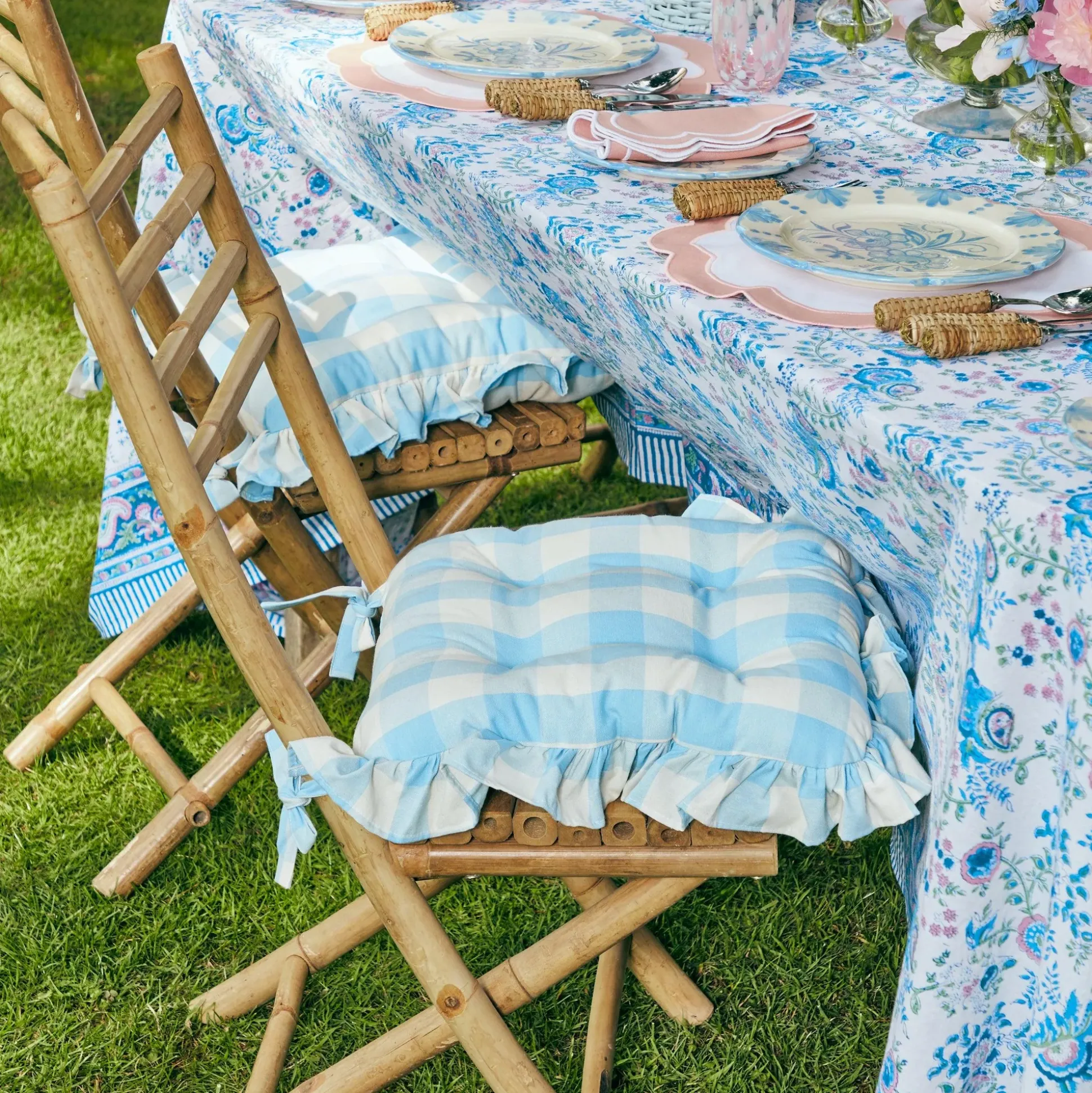 Blue Gingham Ruffle Seat Pad Cushion