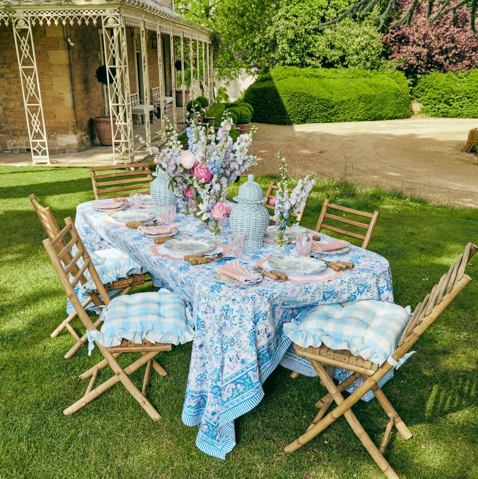 Blue Gingham Ruffle Seat Pad Cushion