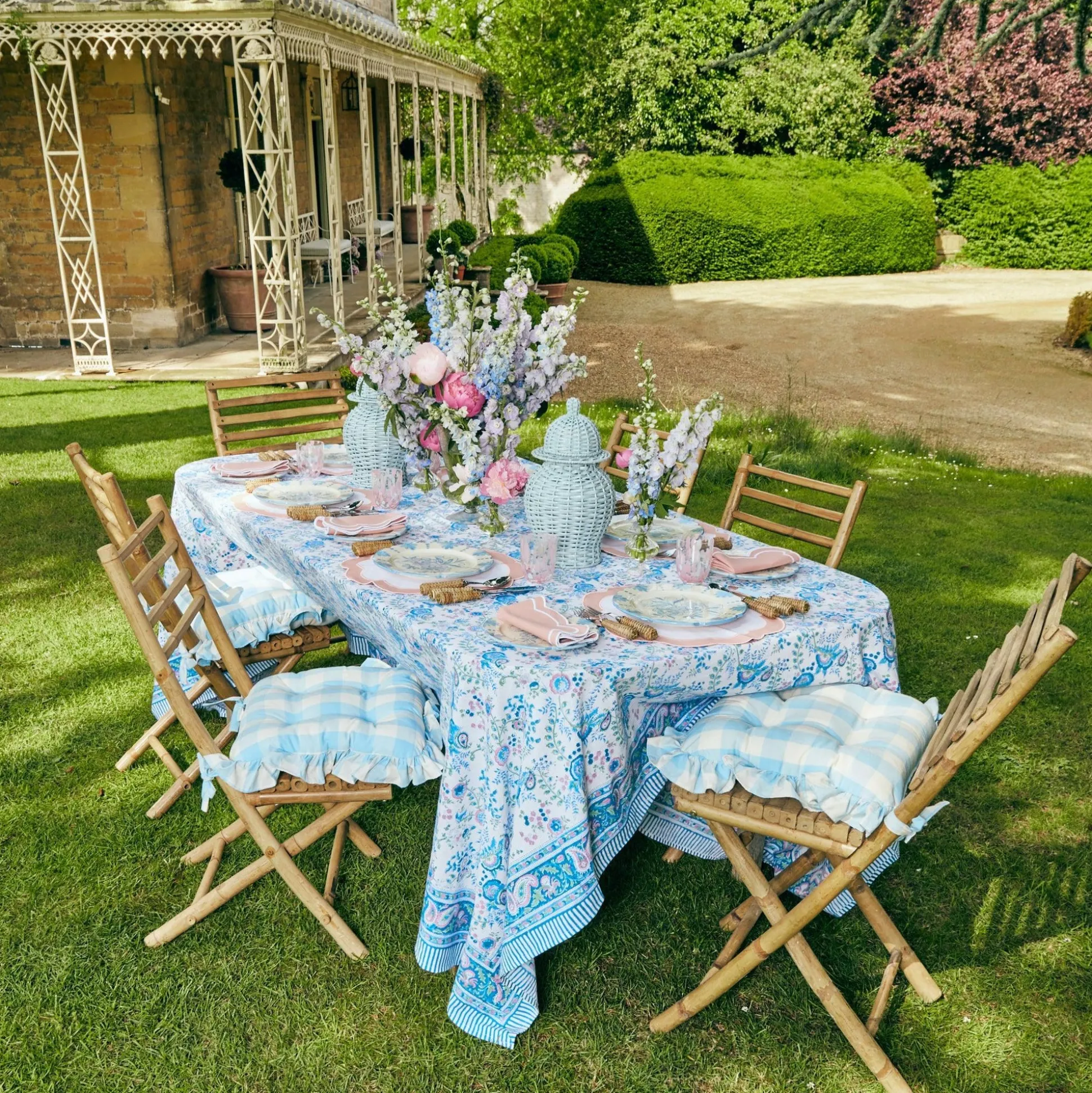 Blue Gingham Ruffle Seat Pad Cushion (Set Of 4)