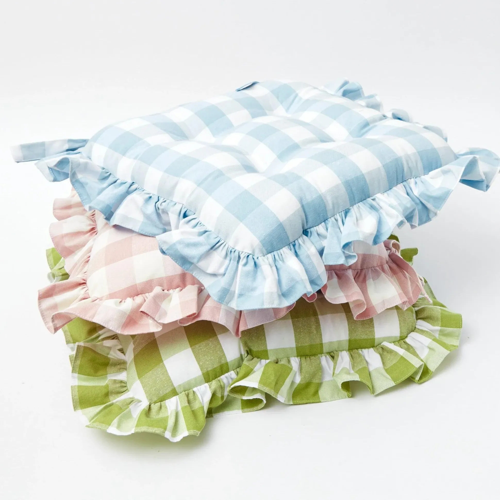 Blue Gingham Ruffle Seat Pad Cushion (Set Of 4)