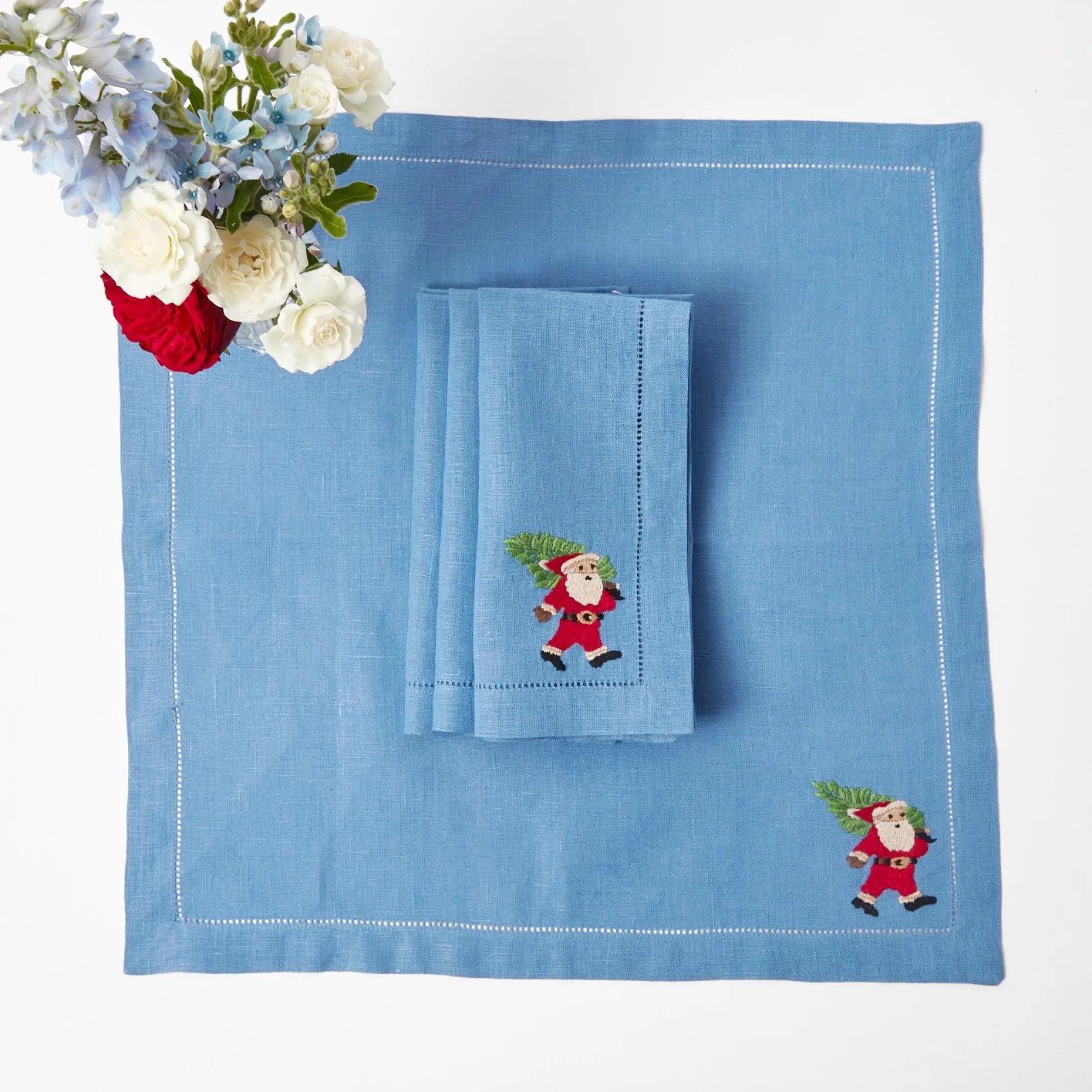 Blue Hand Embroidered Father Christmas Napkins (Set Of 4)