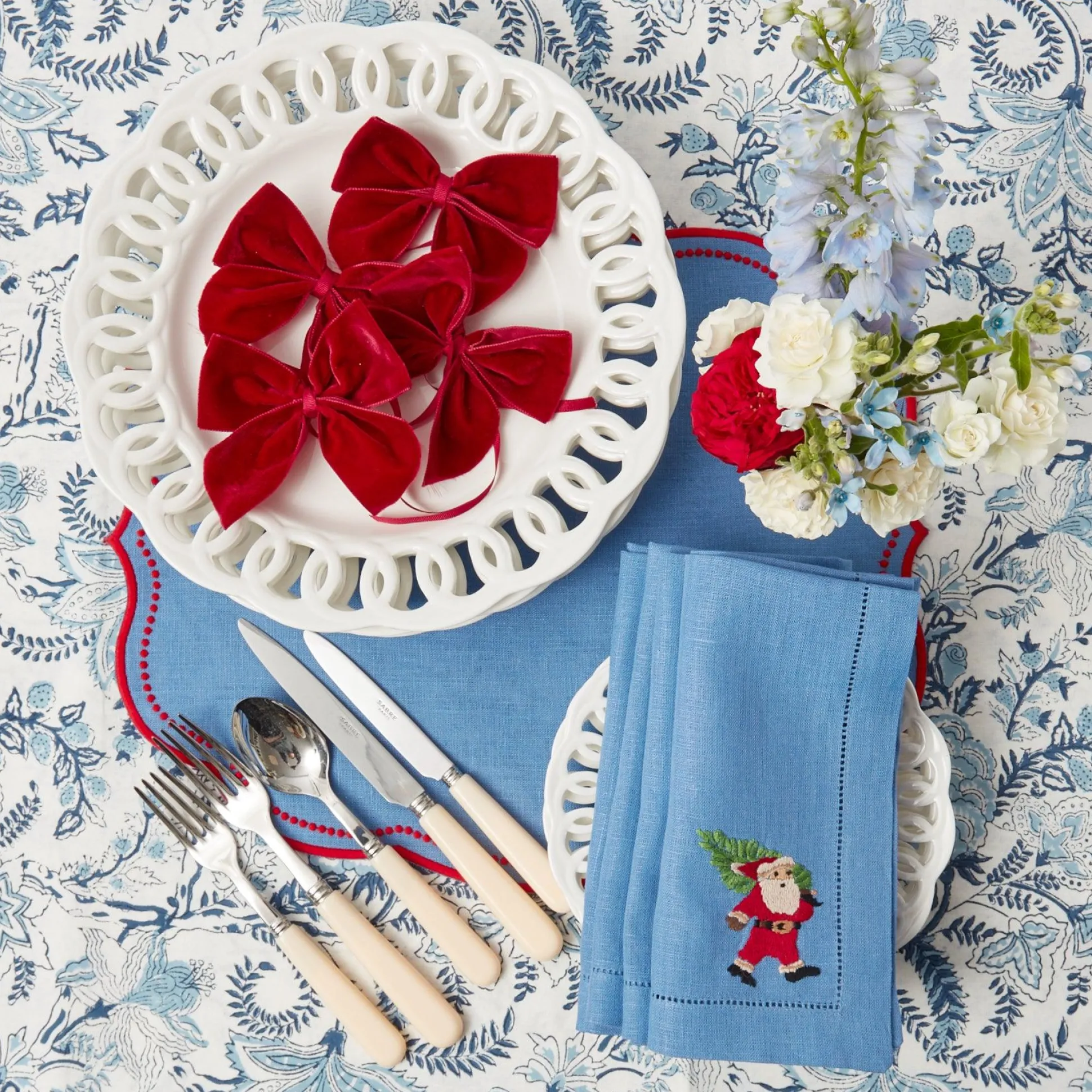 Blue Hand Embroidered Father Christmas Napkins (Set Of 4)