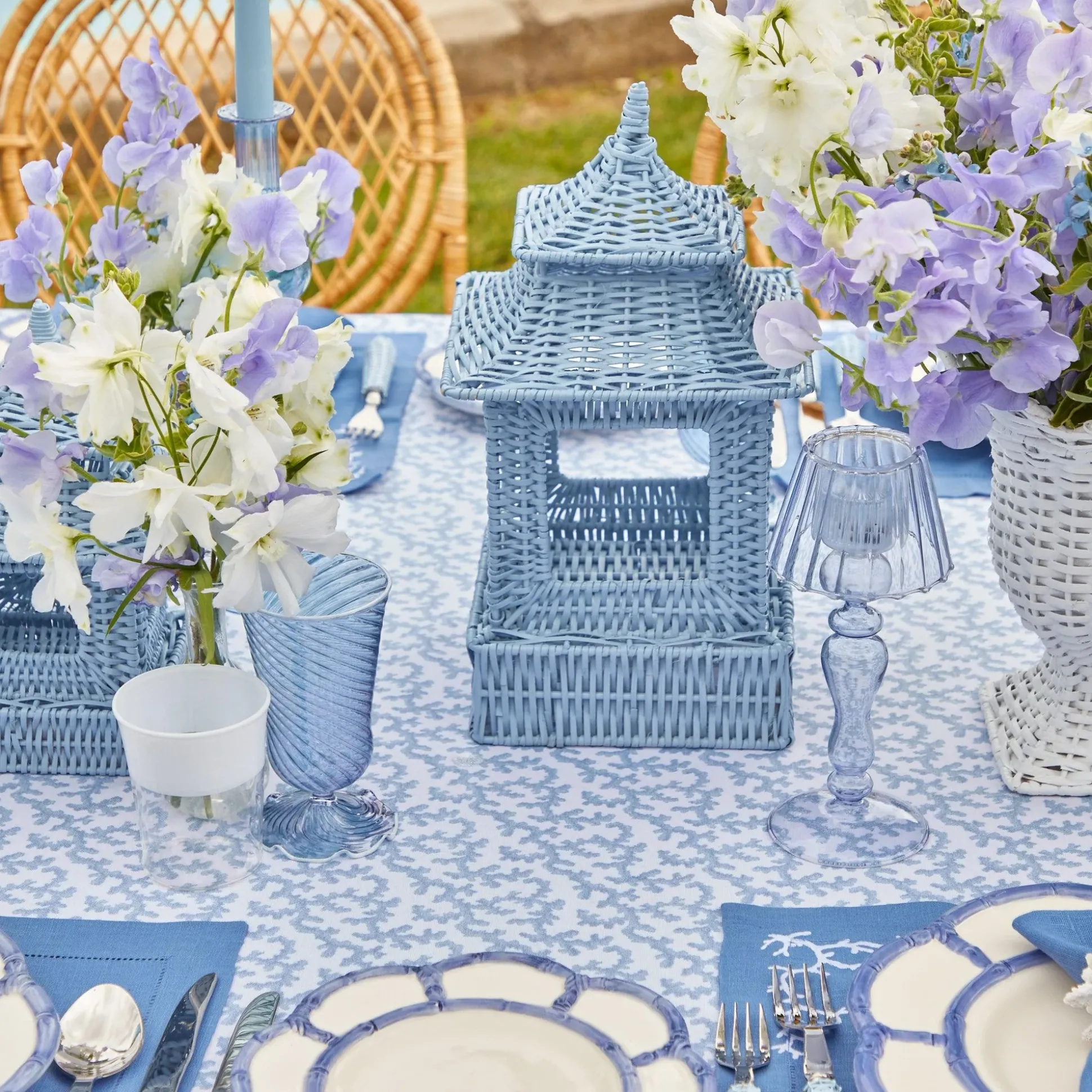 Blue Rattan Pagoda Lantern Set