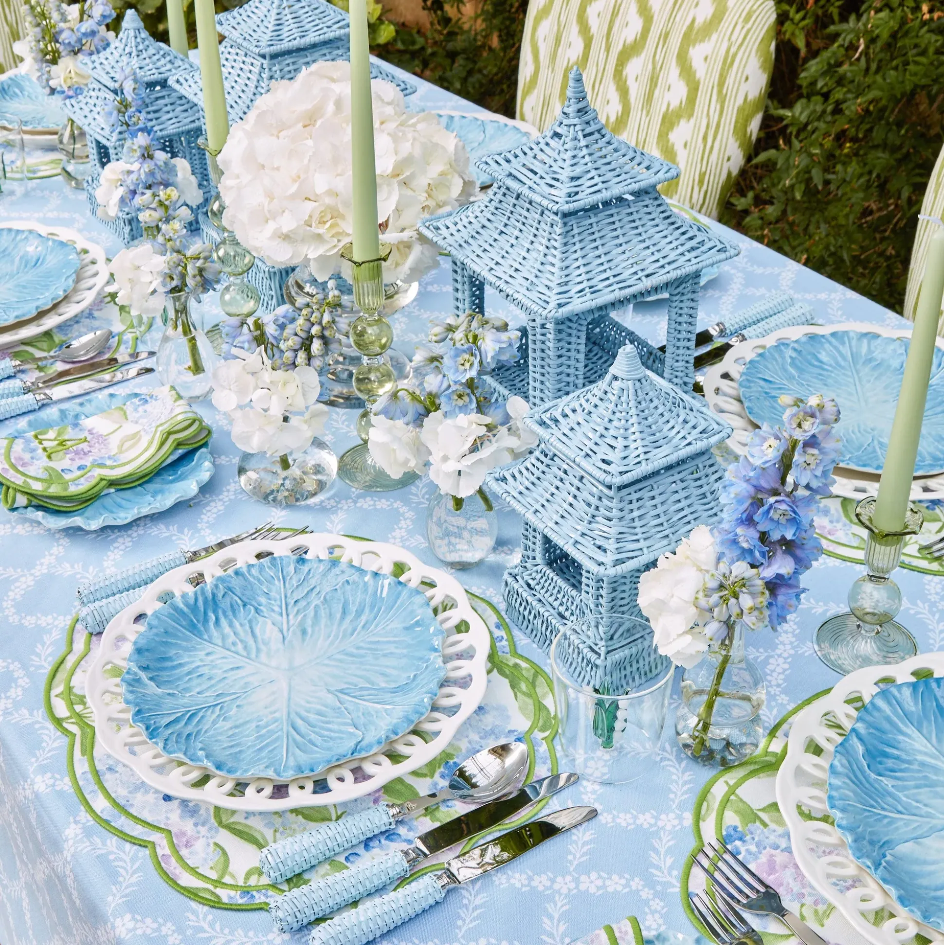 Blue Rattan Pagoda Lantern Set
