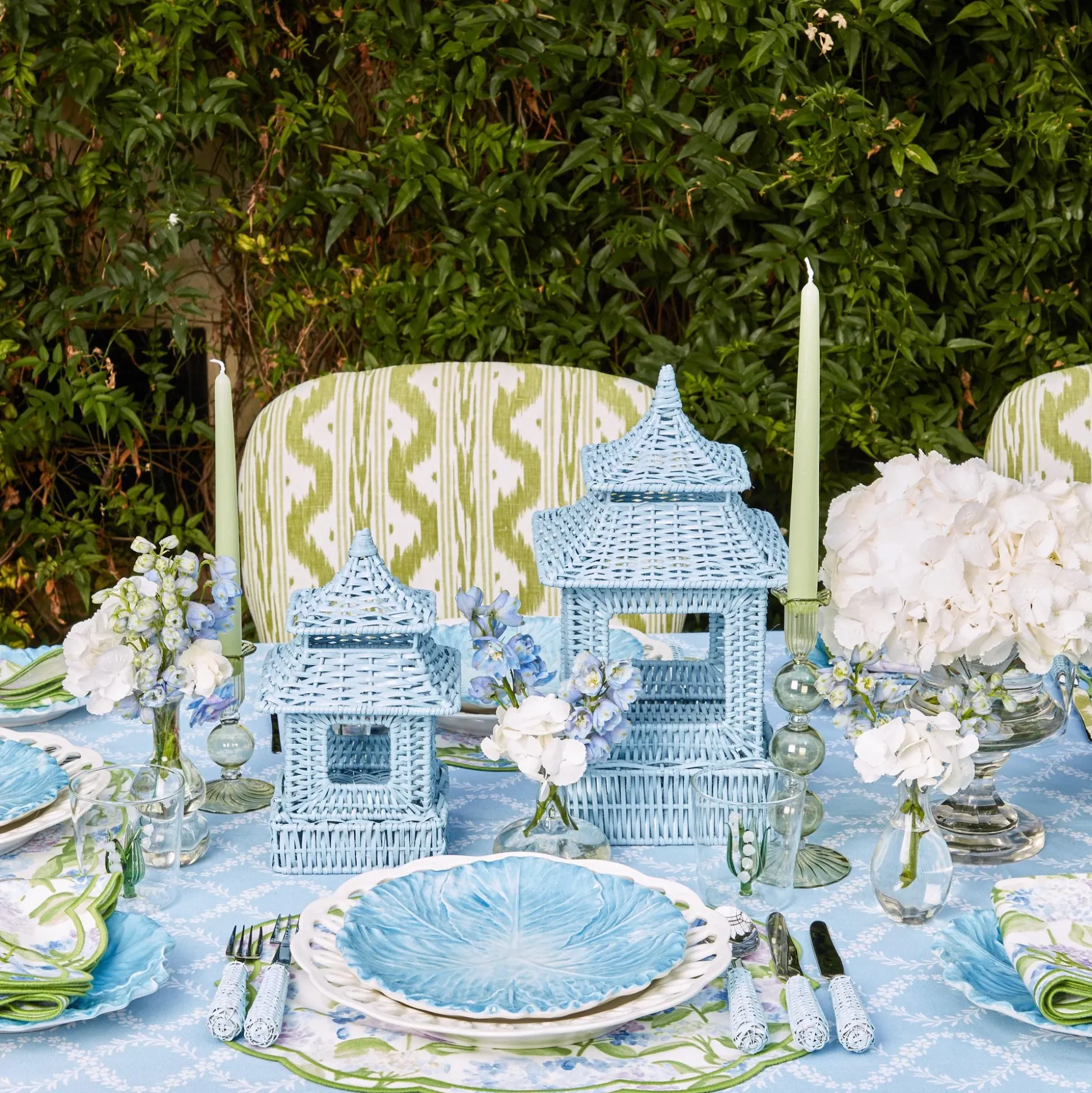 Blue Rattan Pagoda Lantern Set