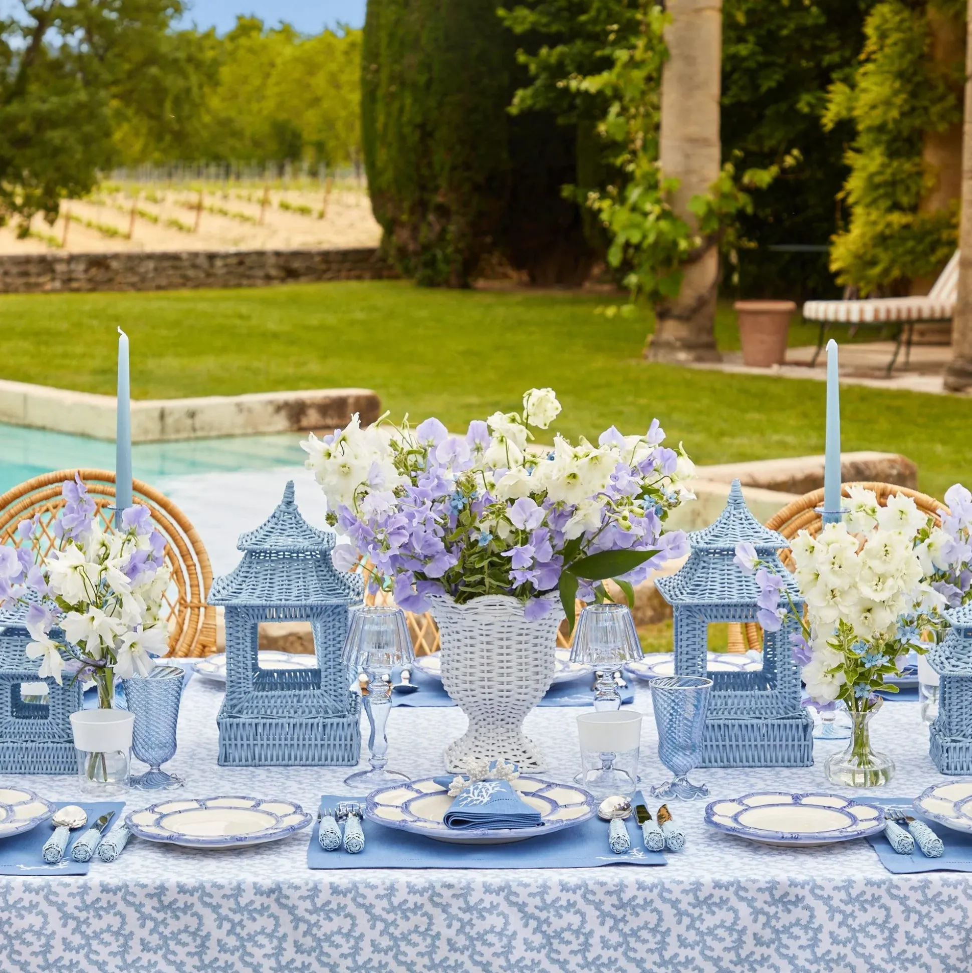 Blue Rattan Pagoda Lantern Set
