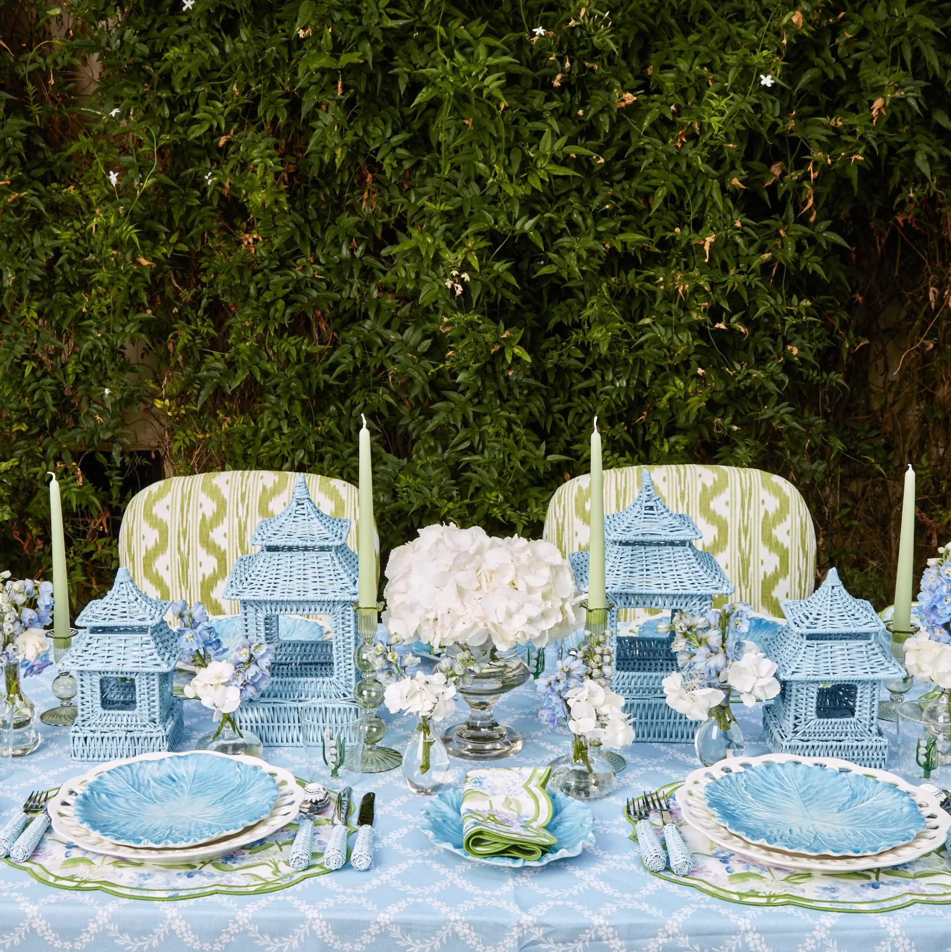 Blue Rattan Pagoda Lantern Set