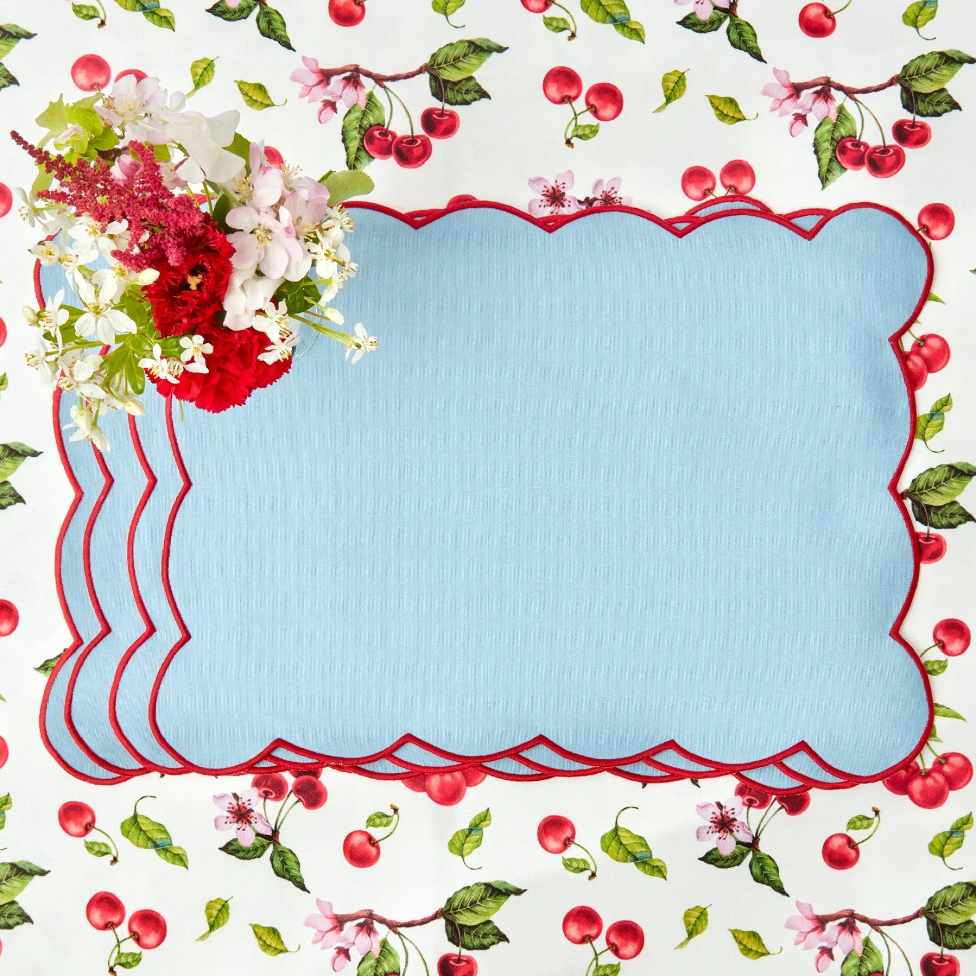 Blue With Red Scallop Placemat (Set Of 4)