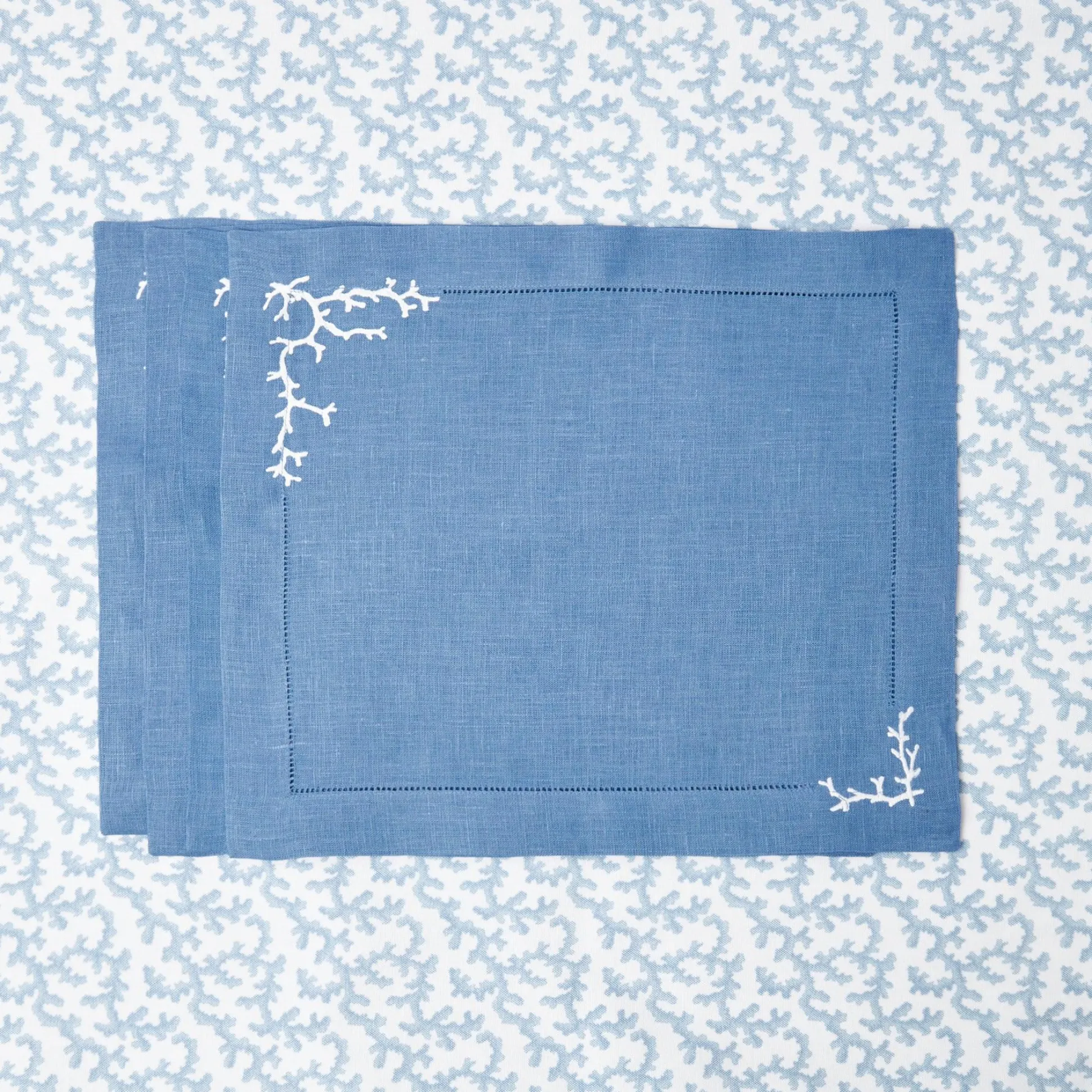 Coral Blue Linen Placemats & Napkins (Set Of 4)