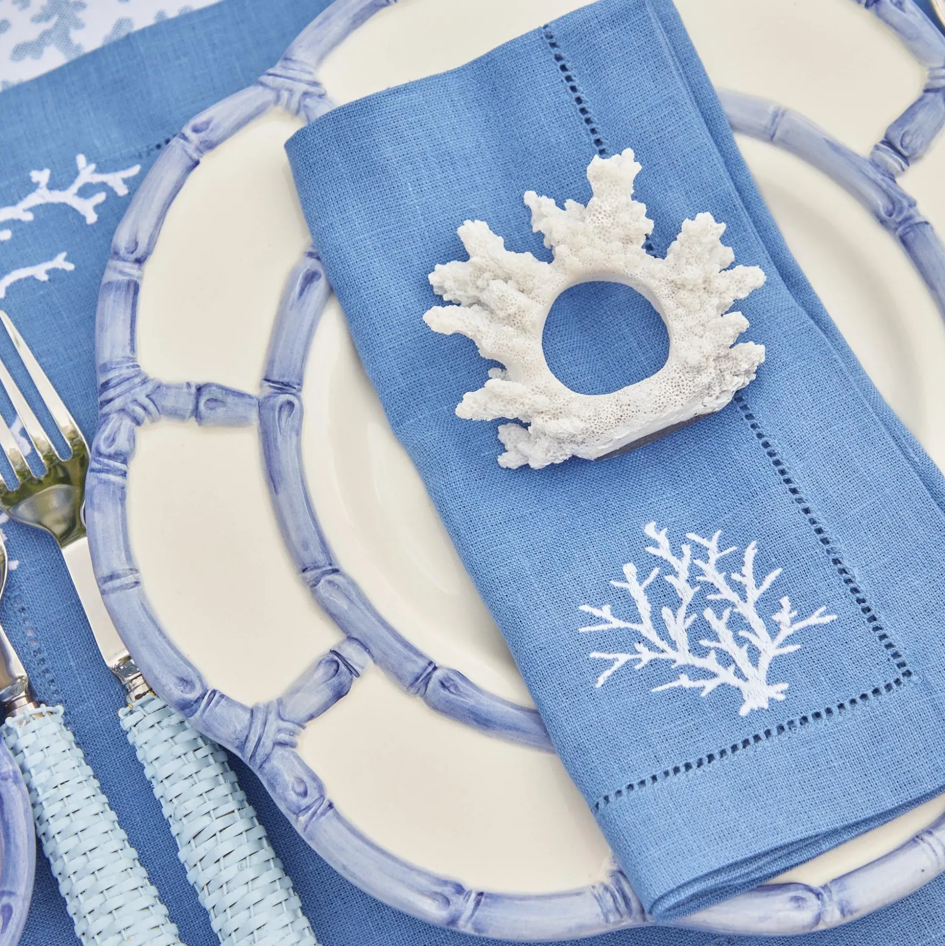 Coral Blue Linen Placemats & Napkins (Set Of 4)