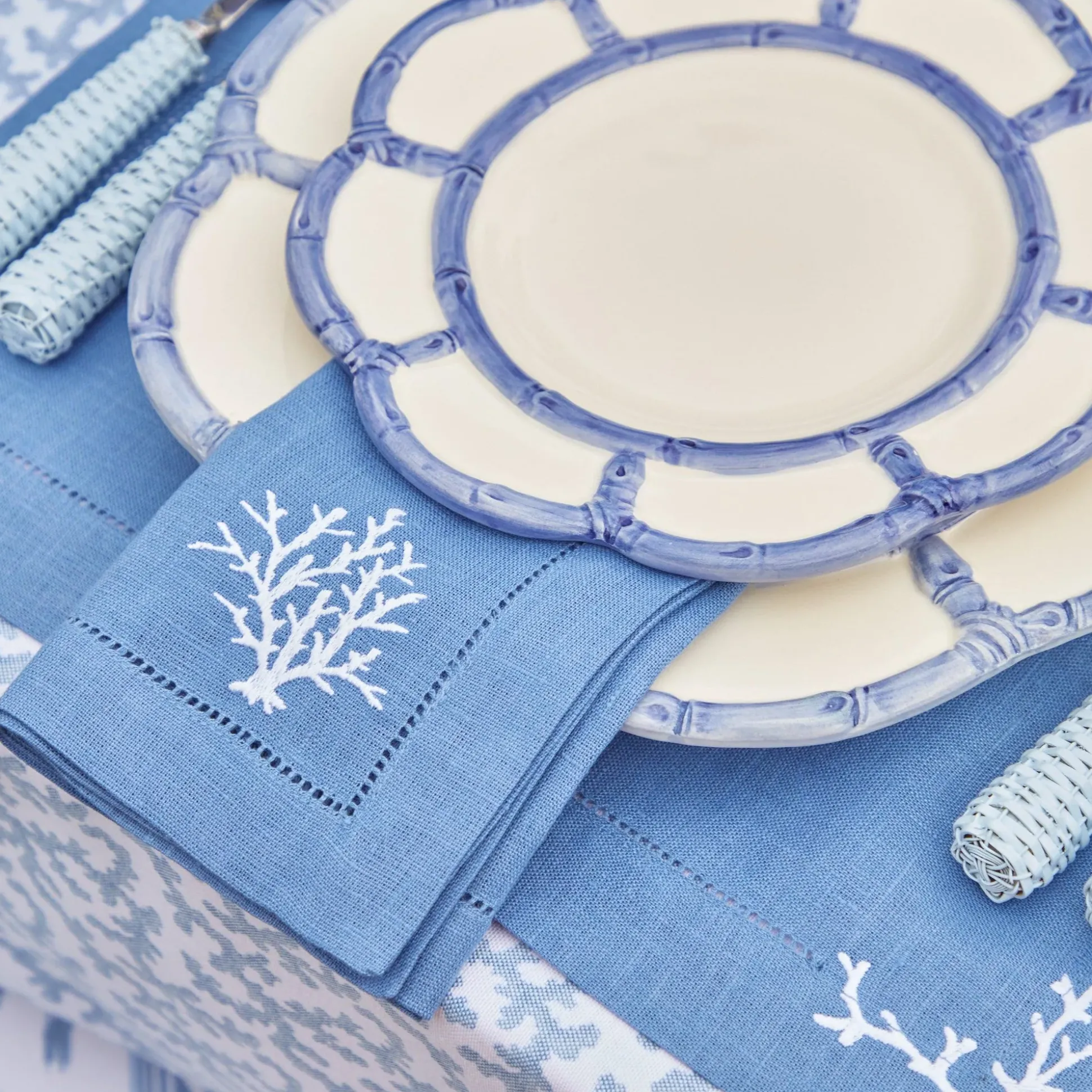 Coral Blue Linen Placemats & Napkins (Set Of 4)