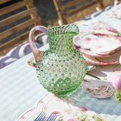 Emerald Hobnail Jug With Rose Handle & Glasses (Set Of 6)