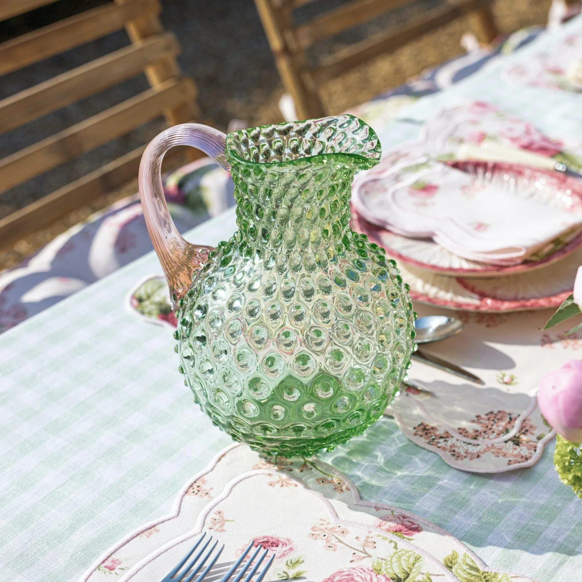 Emerald Hobnail Jug With Rose Handle & Glasses (Set Of 6)