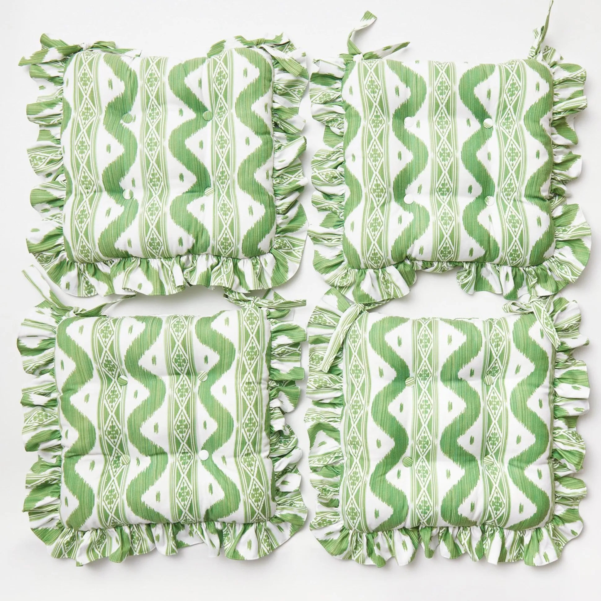 Frilled Green Ikat Seat Pad Cushion (Set Of 4)