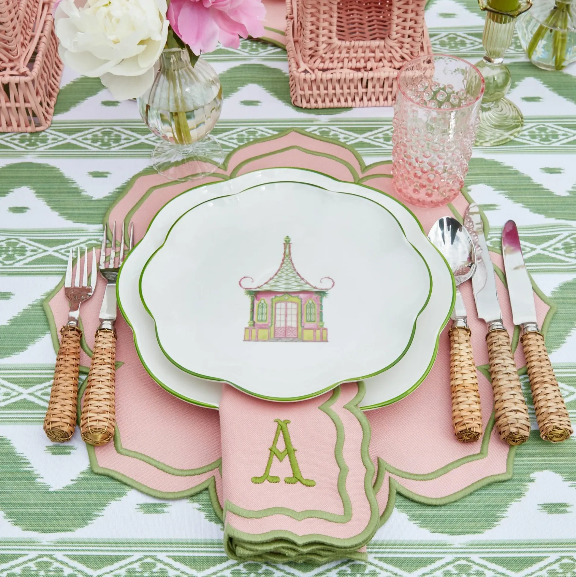 Green Ikat & Pink Fleur Linen Set