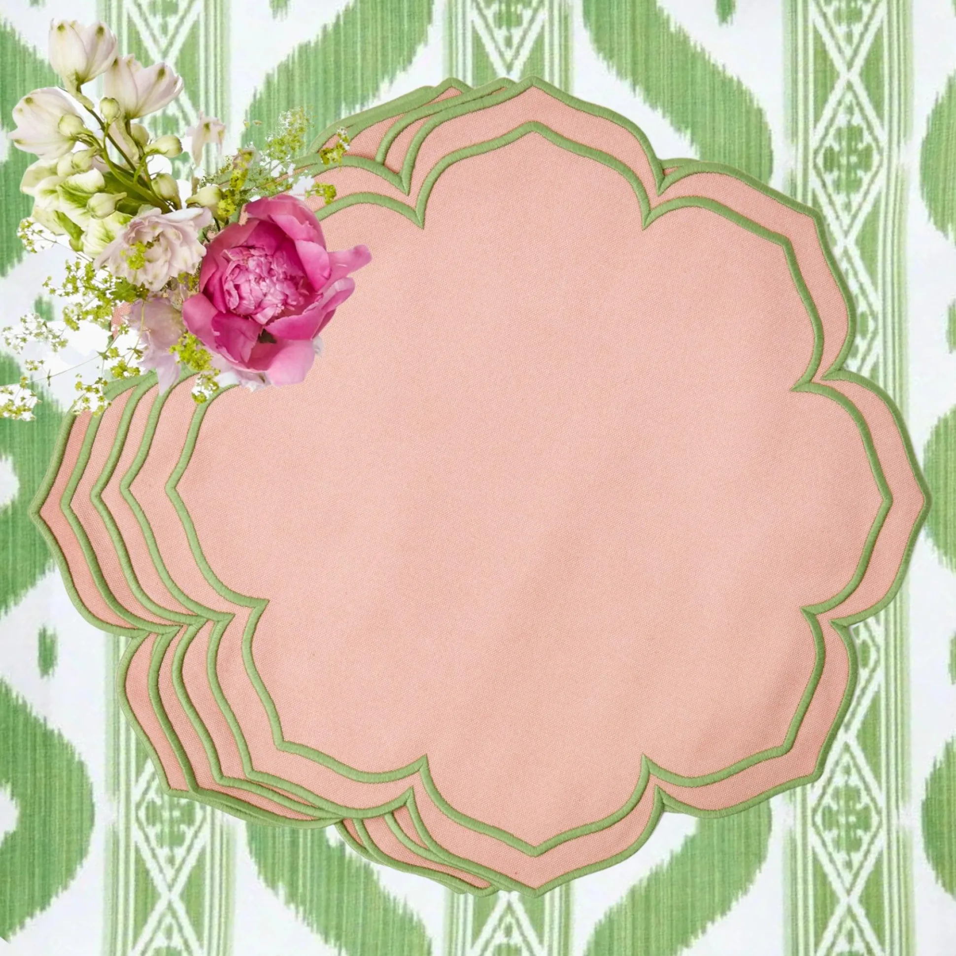 Green Ikat & Pink Fleur Linen Set
