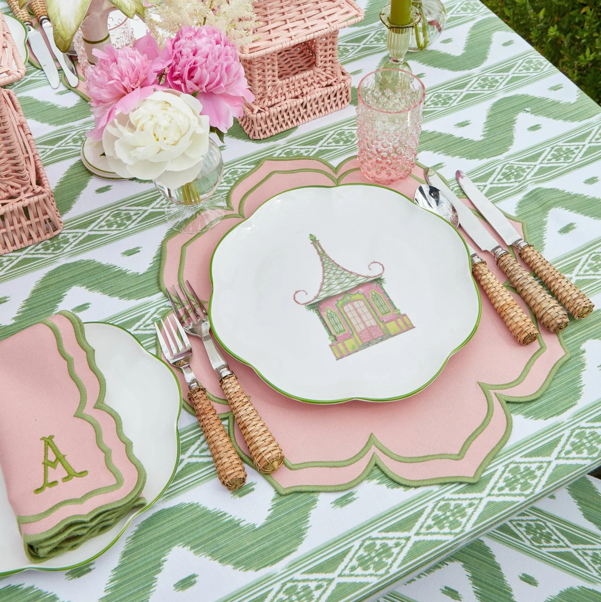 Green Ikat & Pink Fleur Linen Set