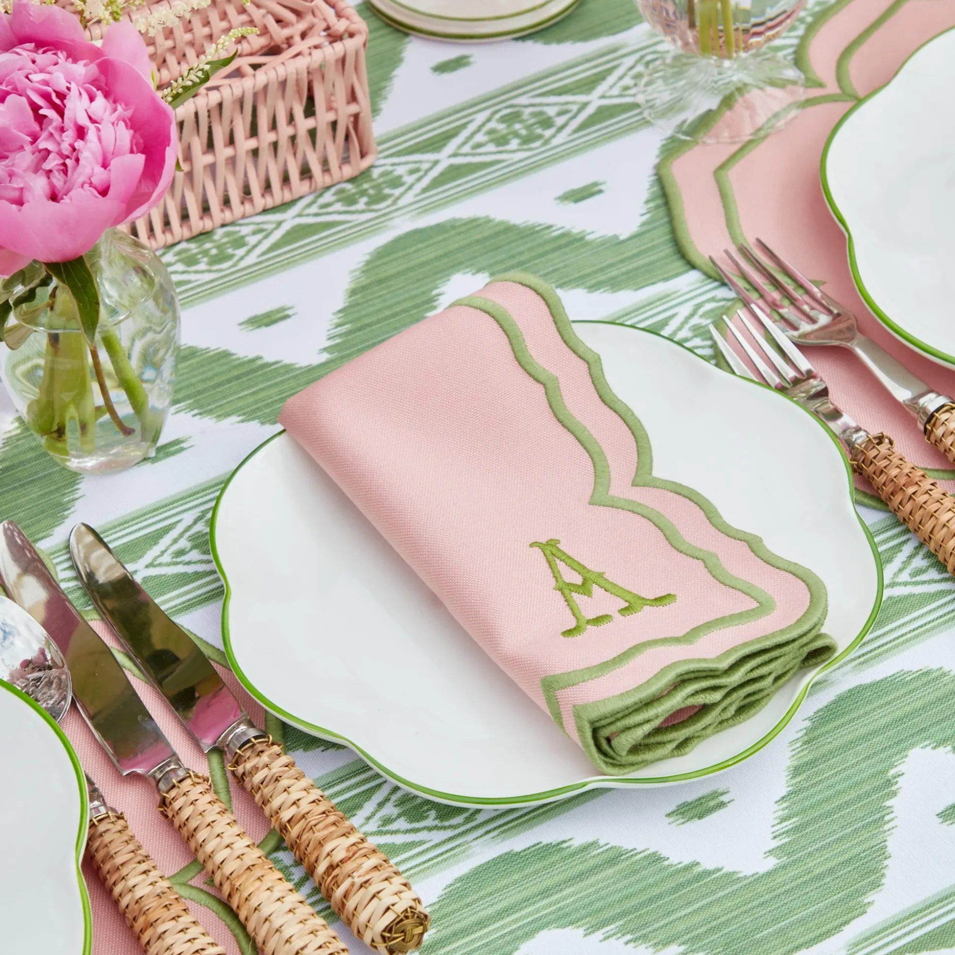 Green Ikat & Pink Fleur Linen Set