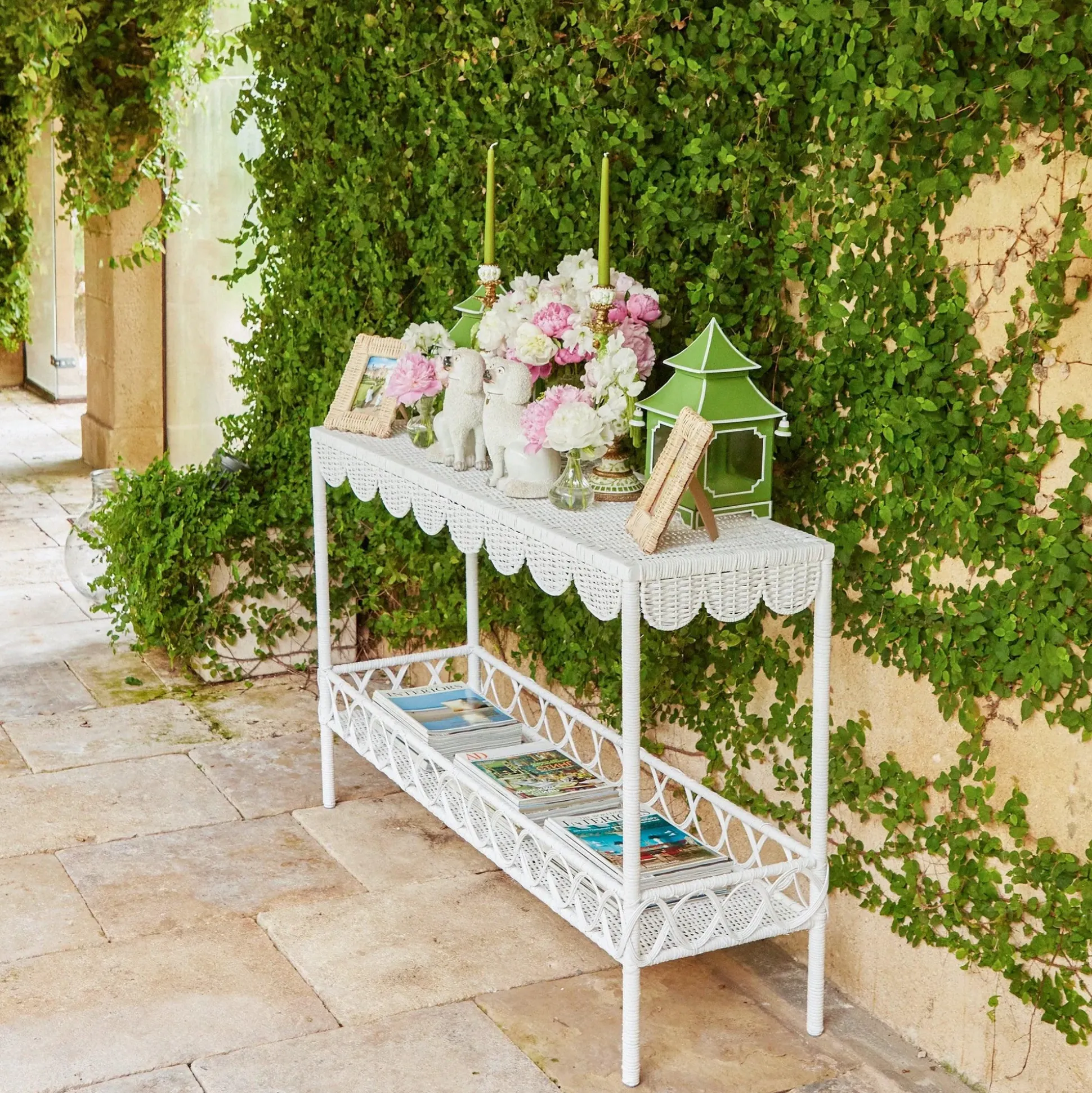 Madeleine White Rattan Scalloped Console Table