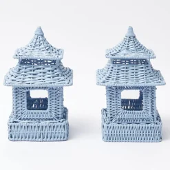 Mini Blue Rattan Pagoda Lanterns (Pair)