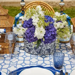 Navy Blue Floral Tole Scalloped Planter