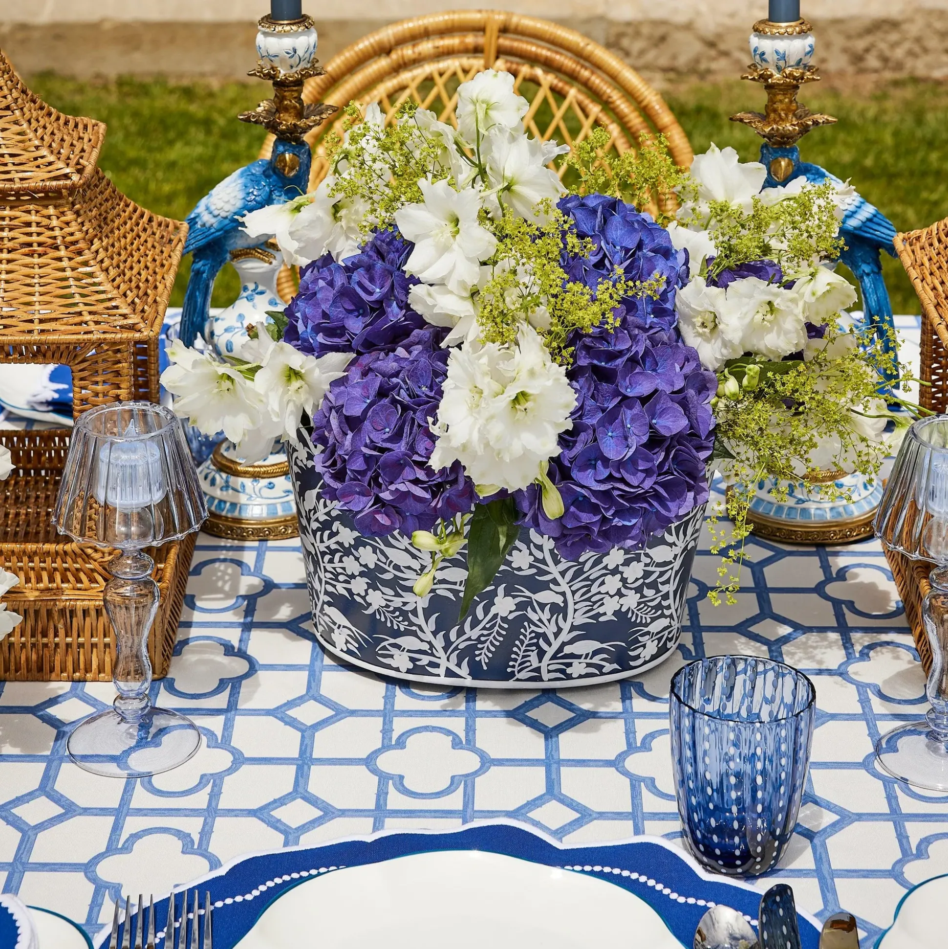 Navy Blue Floral Tole Scalloped Planter