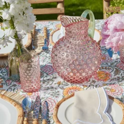 Rose Hobnail Jug With Emerald Handle & Glasses (Set Of 6)