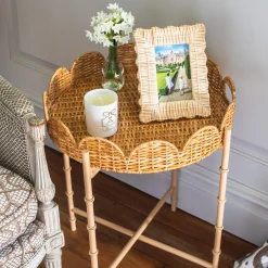 Round Scalloped Rattan Tray With Stand