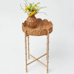 Round Scalloped Rattan Tray With Stand