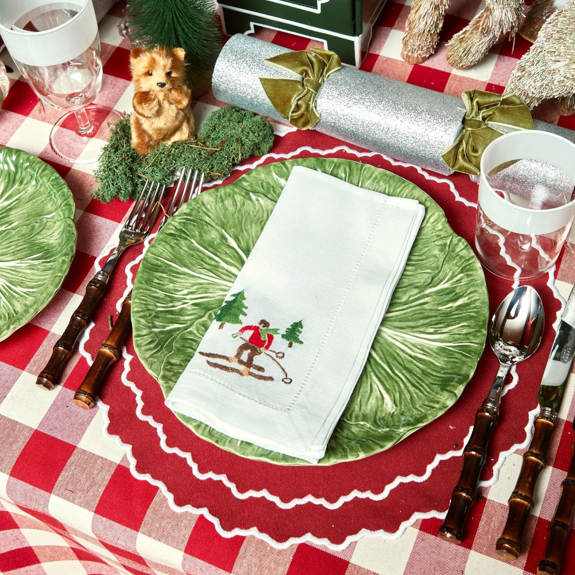 White Embroidered Skier Napkins (Set Of 4)