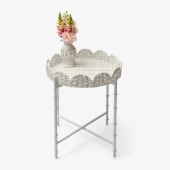 White Rattan Round Scalloped Tray With Stand