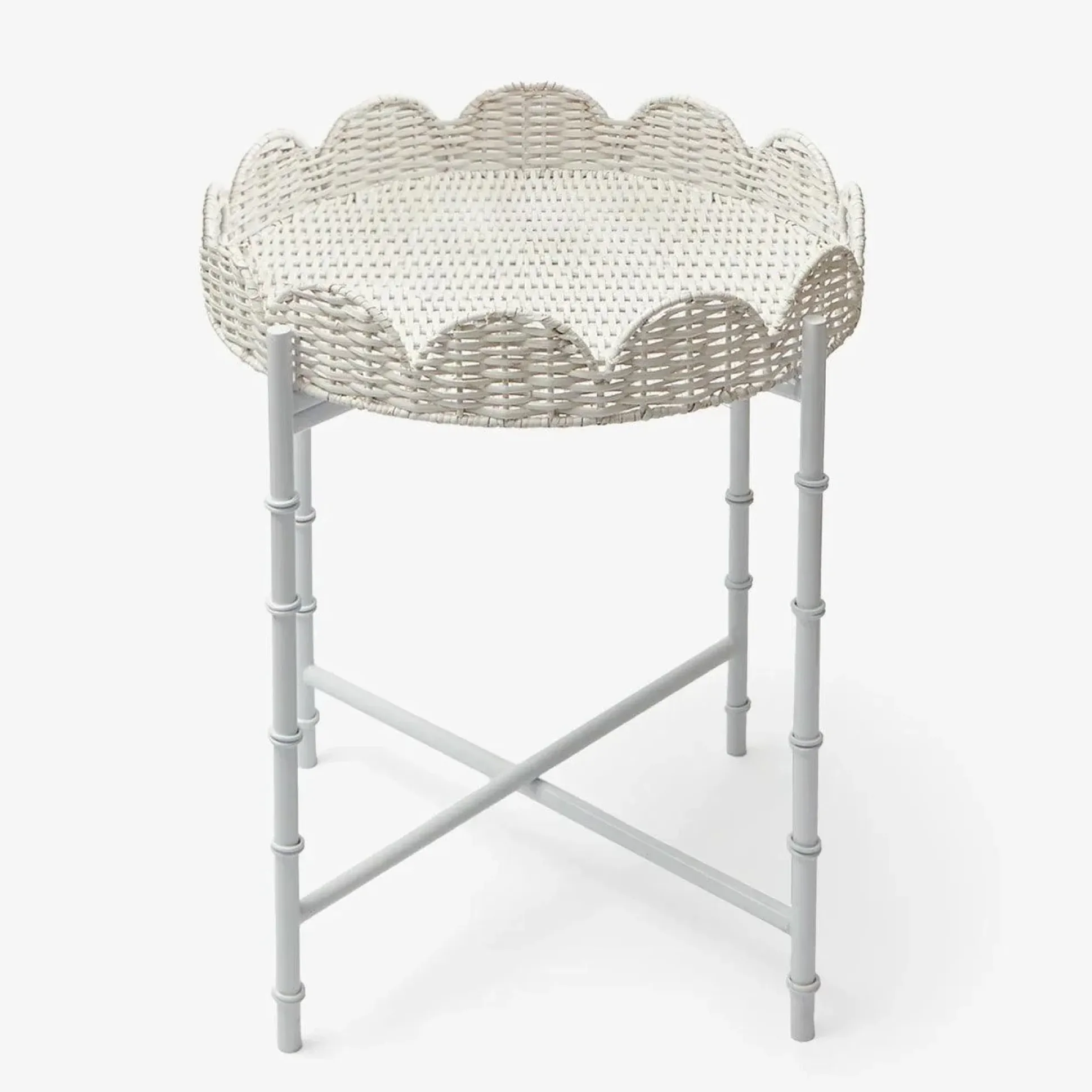White Rattan Round Scalloped Tray With Stand