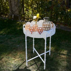 White Rattan Round Scalloped Tray With Stand