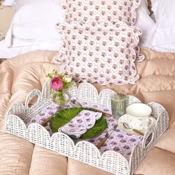 White Scalloped Rattan Tray
