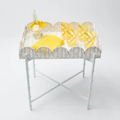 White Scalloped Rattan Tray With Stand