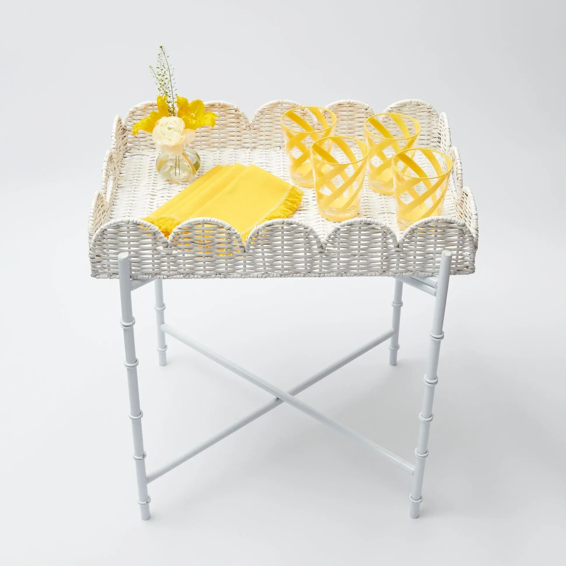 White Scalloped Rattan Tray With Stand